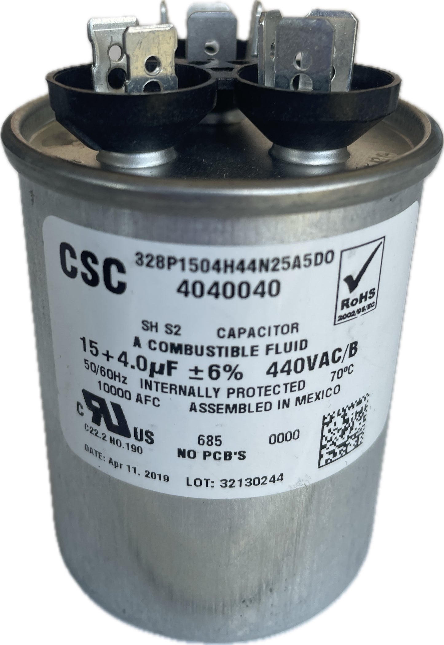 CSC dual run capacitor with label on a white background