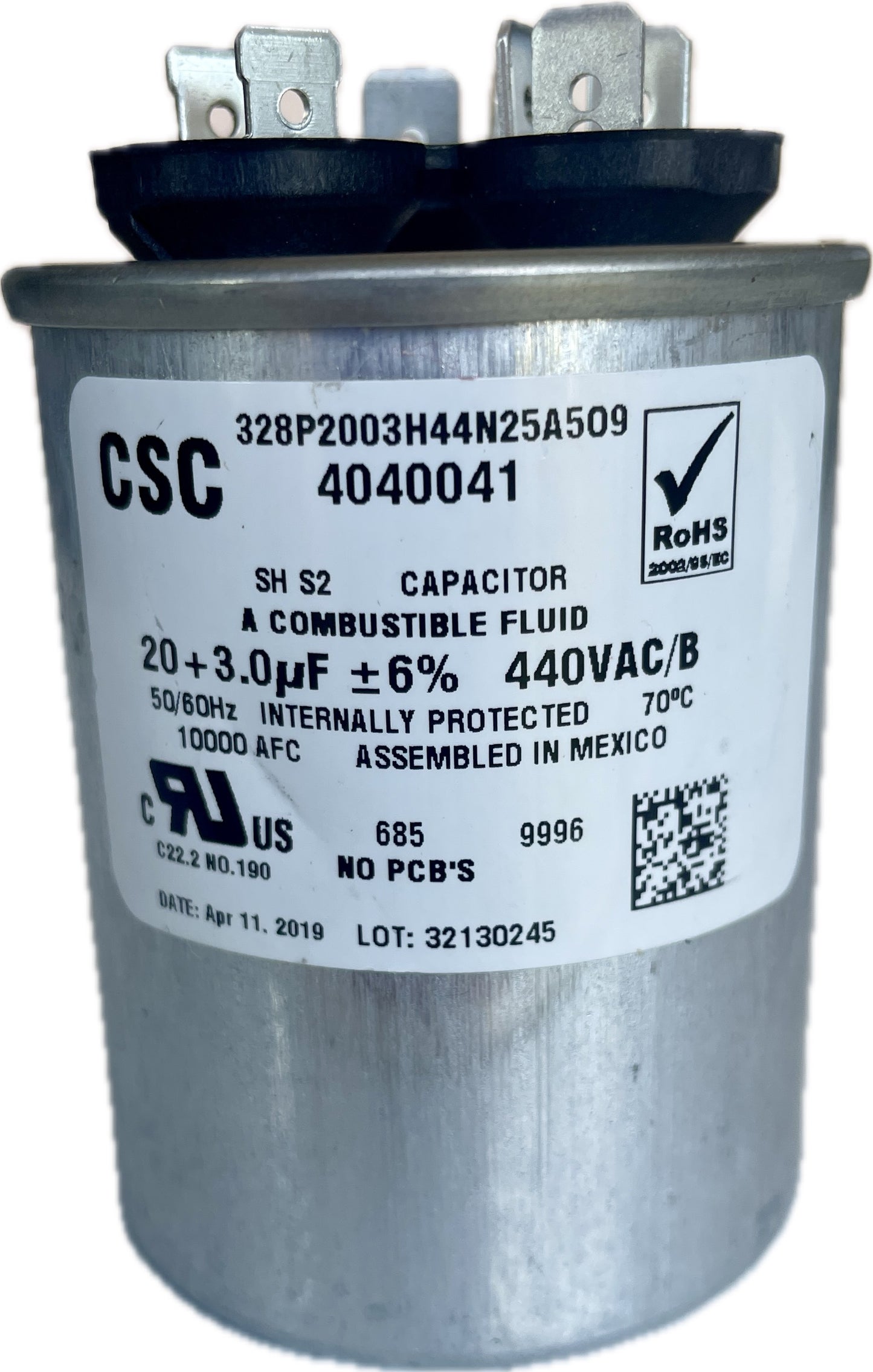 CSC dual run capacitor with label on a white background