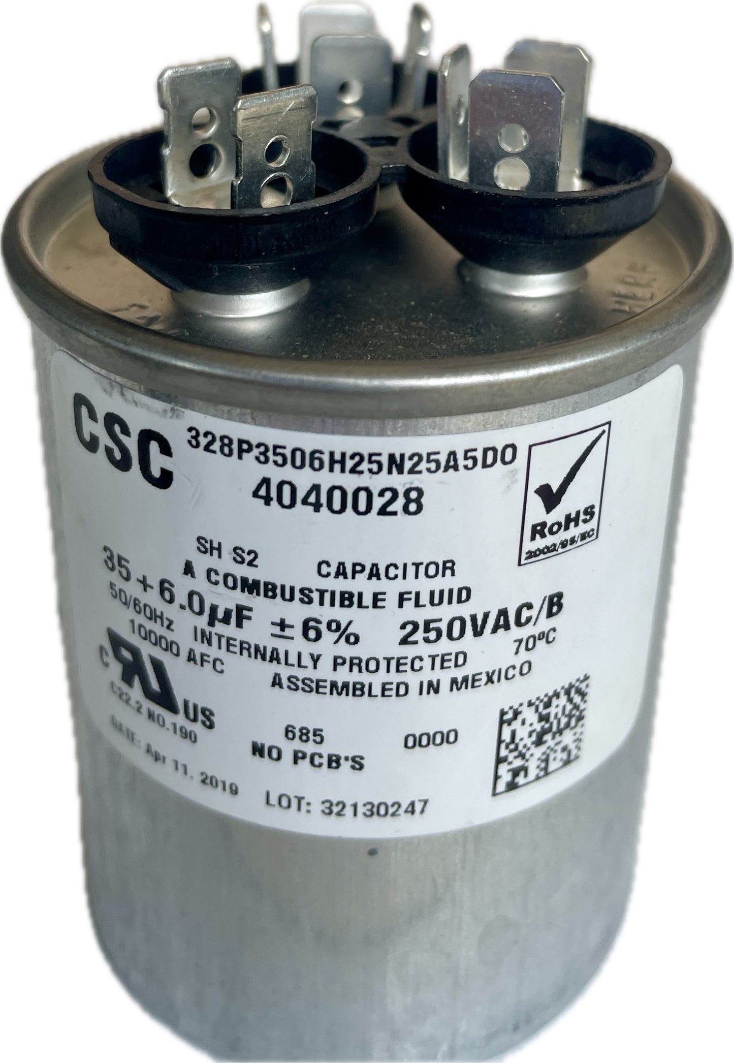 CSC dual run capacitor with label on a white background