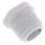 A white 1" PVC male threaded plug, commonly used for plumbing purposes.