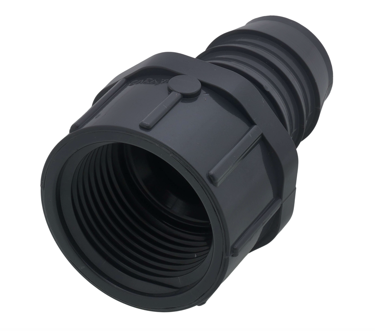 A black PVC barbed insert fitting with male and female connections.