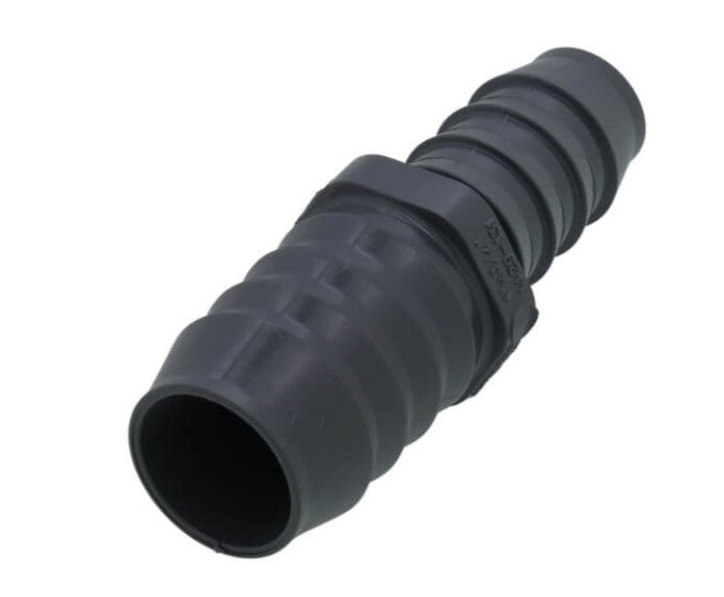 marine-grade Spears PVC insert coupling reducer features barbed connectors, designed for a 1" insert to a 1-1/4" insert connection