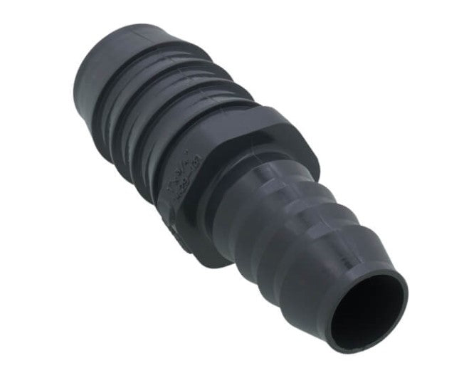 A black PVC insert coupler reducer with barbed edges for plumbing fittings.