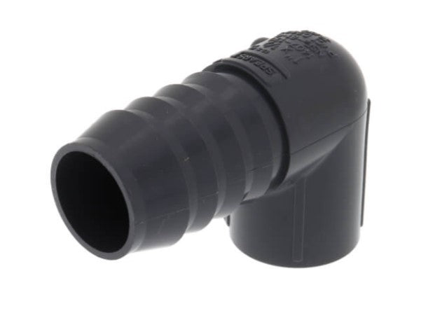A black PVC coupling reducer with 1/2 inch female on one end and 3/4 inch insert on the other.