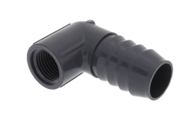 A black PVC elbow fitting with a 1/2 inch female end and a 1 inch male end, featuring barbed connectors.