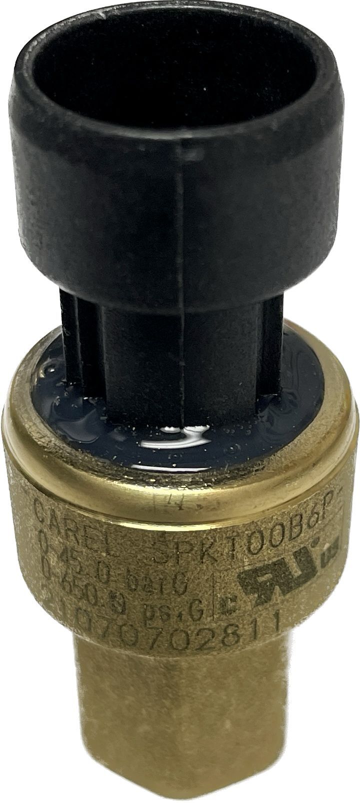 A Carel brand pressure transducer with a black cap and a gold-colored body, designed for use with specific Dometic and Condaria models.