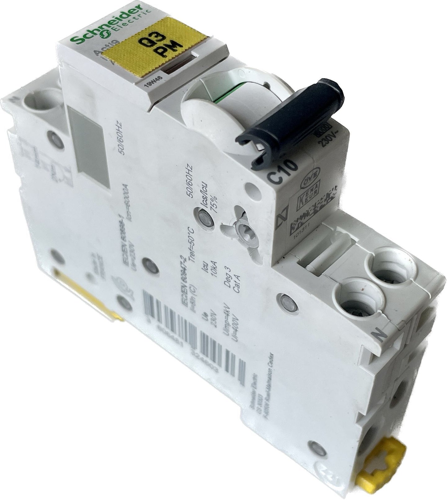 Condaria 10A single pole breaker with a yellow handle and brand marking on the side, designed for use in Dometic Italy PCWM-VAR chillers.