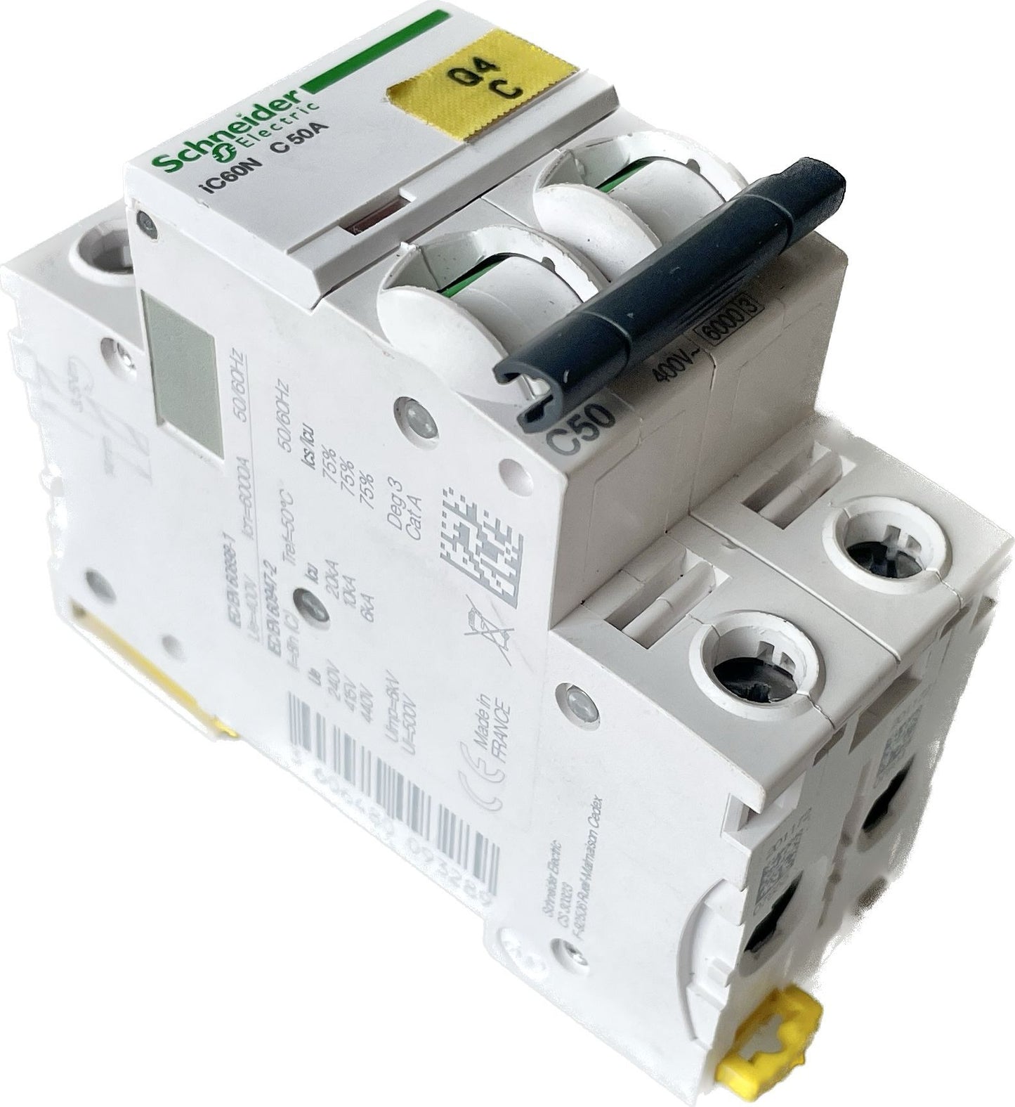 Condaria 50A double pole breaker with a test button and green handles, mounted on a white panel.