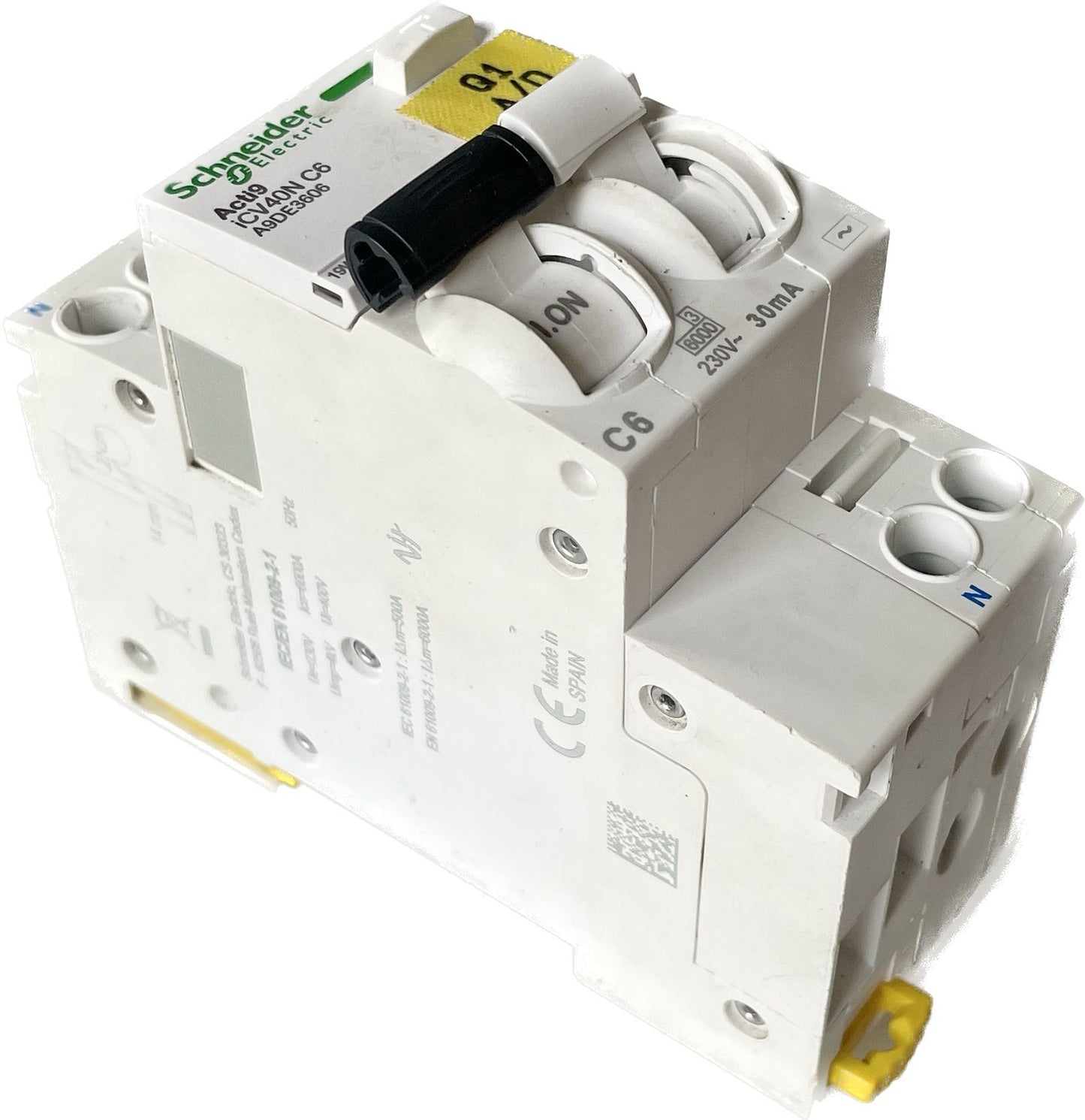 Condaria Acti9 30mA double pole breaker with a white casing and three push buttons, designed for use in Dometic Italy PCWM-VAR chillers.