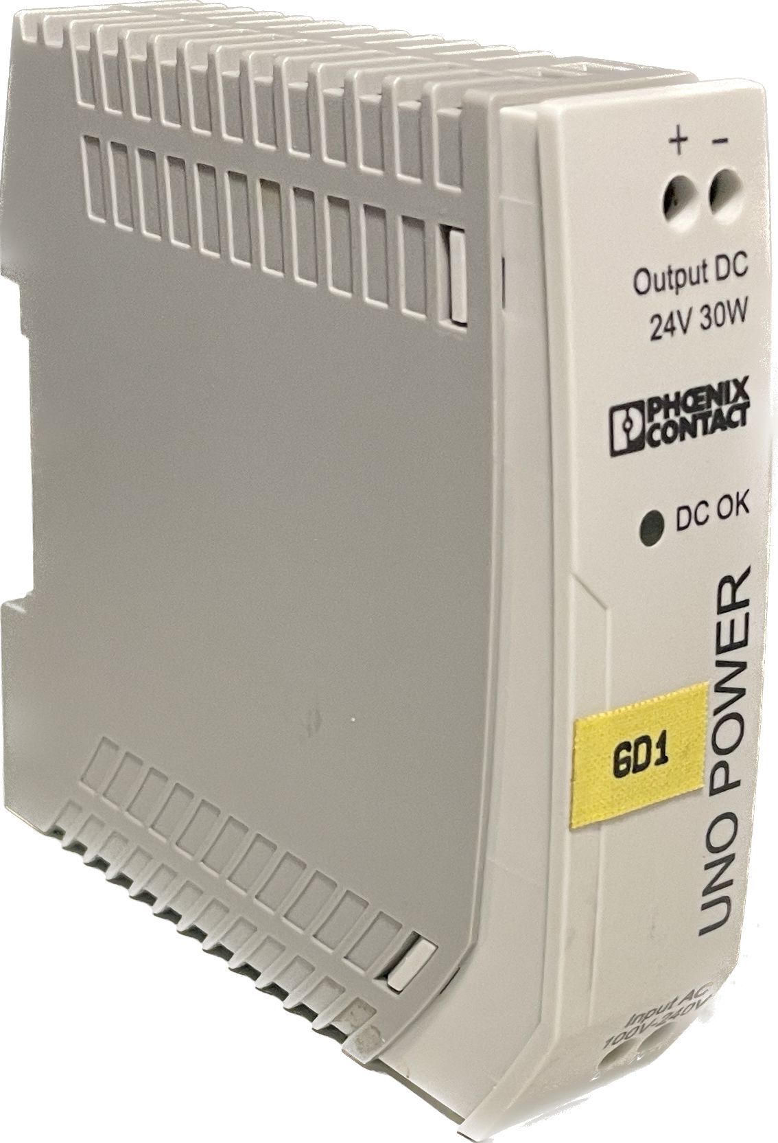 A Phoenix Contact UNO Power converter, model GD1, in a gray color with branding and power specifications labeled on the front.