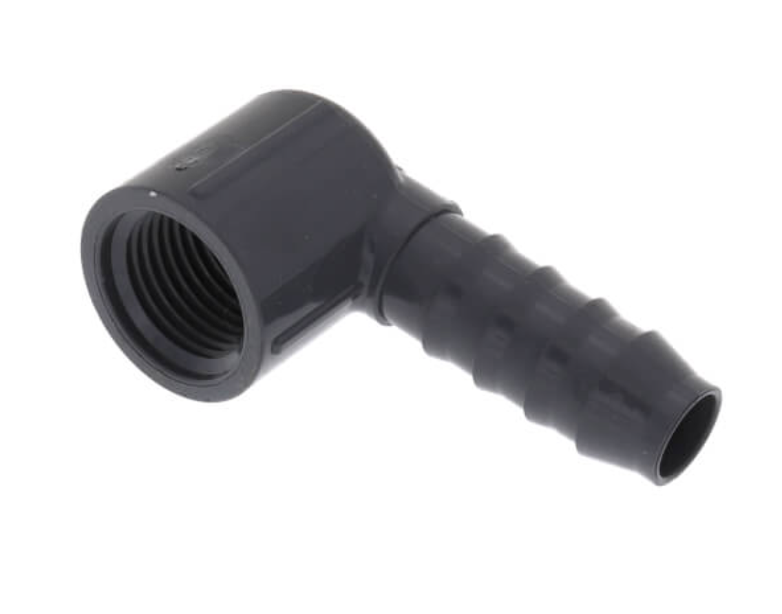 A black 90-degree PVC elbow fitting, with a female barb on one end and a male insert on the other.