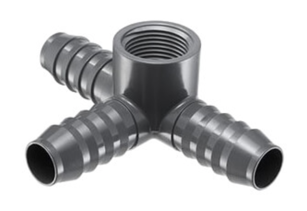 3/4" PVC barbed manifold tee (Insert x FIPT)