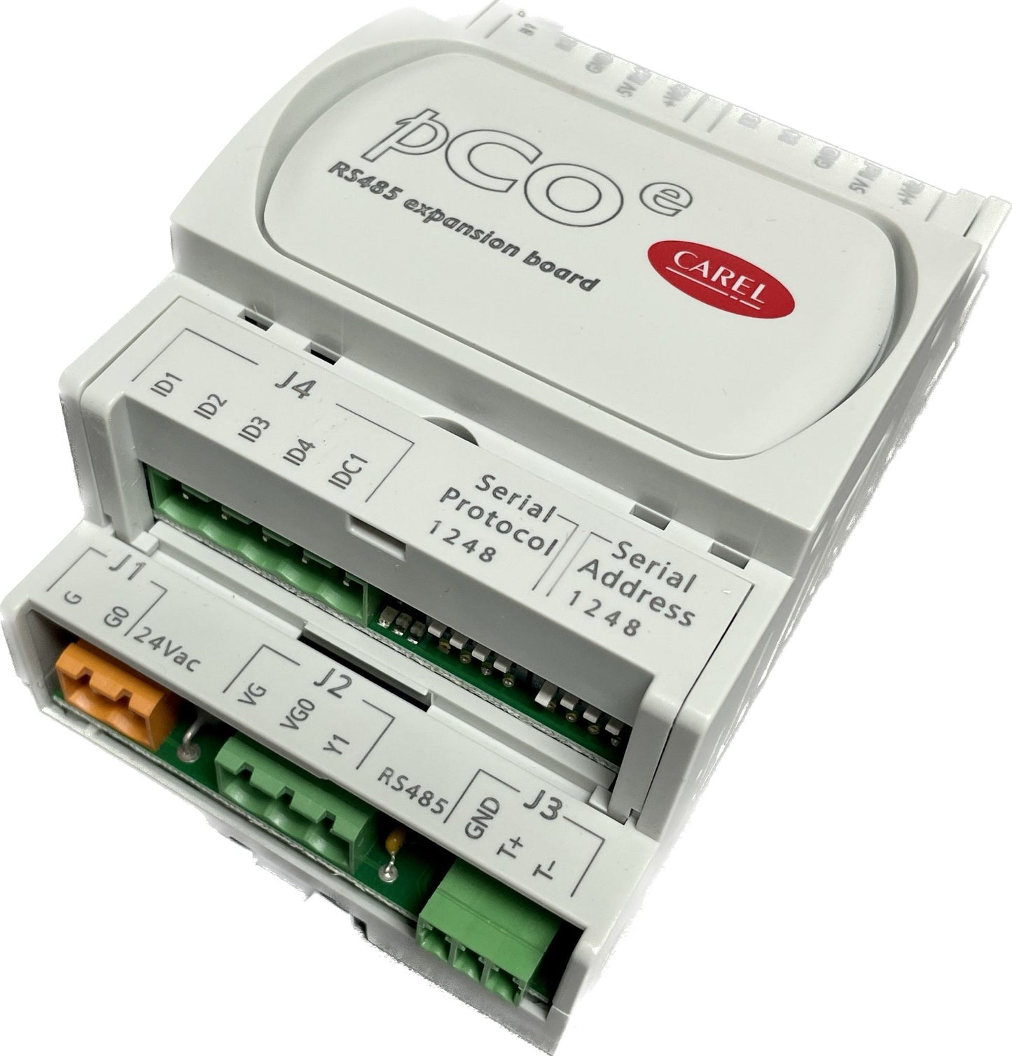 Carel pCOe expansion card for electronic control units, with dip-switches and connectors visible