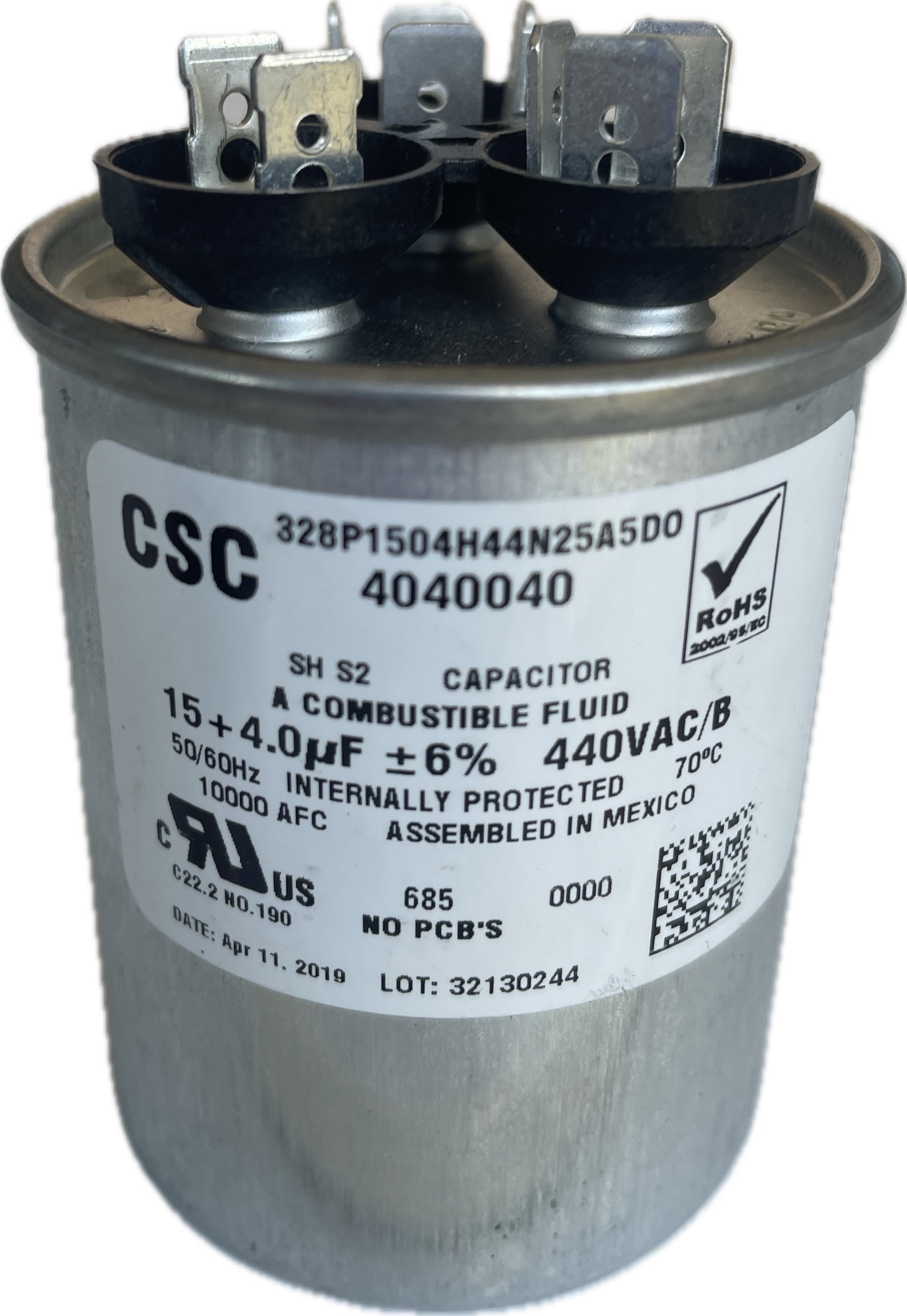 CSC dual run capacitor with label on a white background