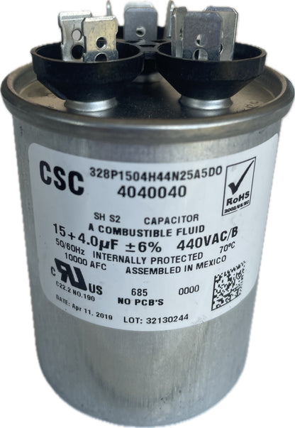 CSC dual run capacitor with label on a white background