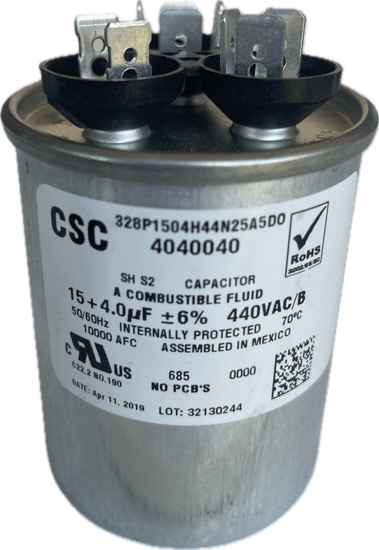 CSC dual run capacitor with label on a white background