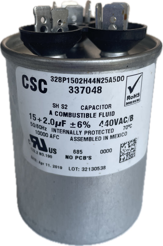 CSC dual run capacitor with label on a white background