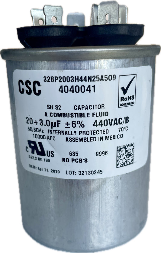 CSC dual run capacitor with label on a white background