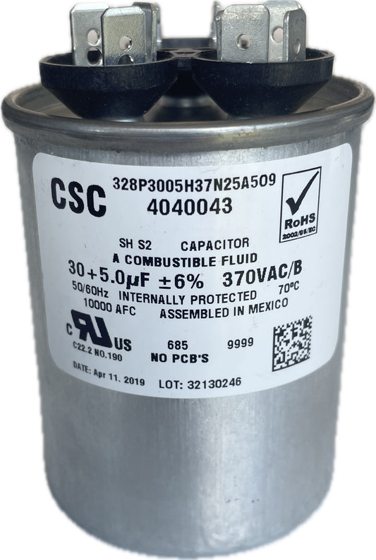 CSC dual run capacitor with label and certification logos on a white background