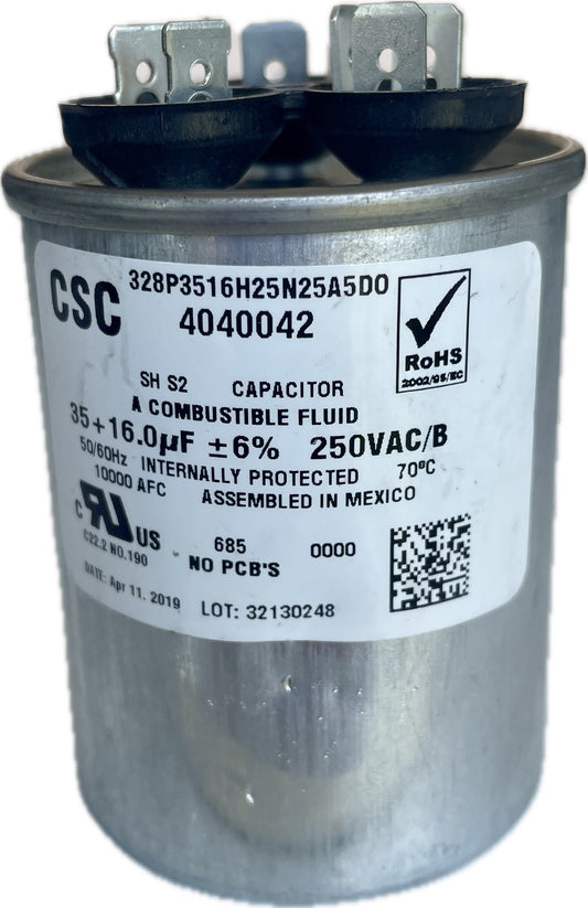 Dual Rual Capacitor with label and certification marks on a white background