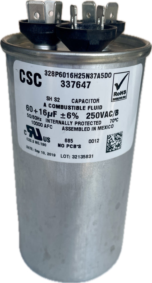 Cylindrical  Dual Run Capacitor with label on a white background