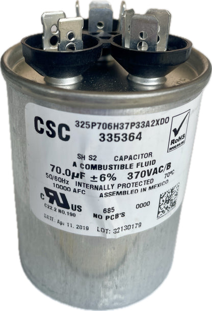 Dual Run Capacitor with label showing CSC branding and technical specifications on a white background