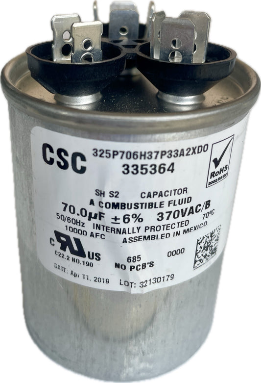 Dual Run Capacitor with label showing CSC branding and technical specifications on a white background
