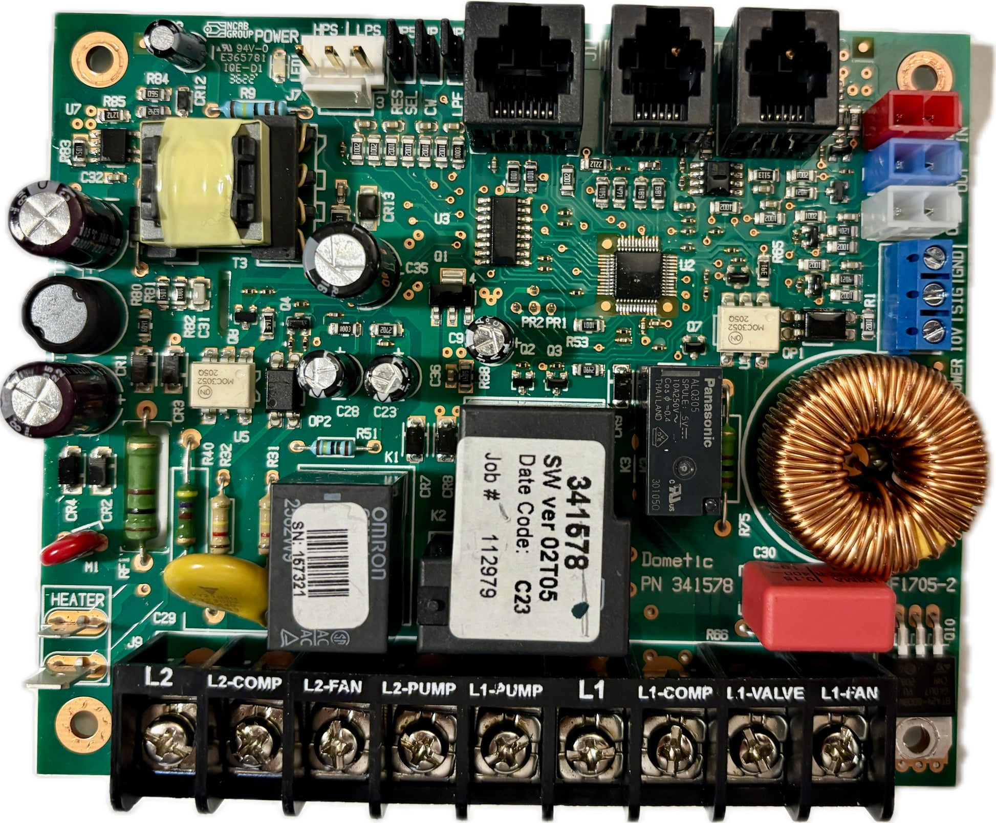 A  circuit board for a Dometic self-contained air conditioner with various electronic components and connectors.