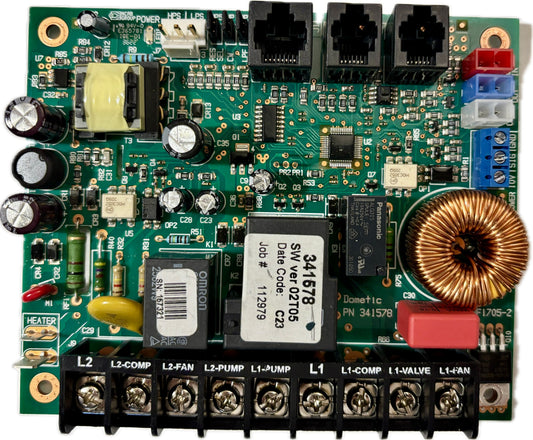 A  circuit board for a Dometic self-contained air conditioner with various electronic components and connectors.