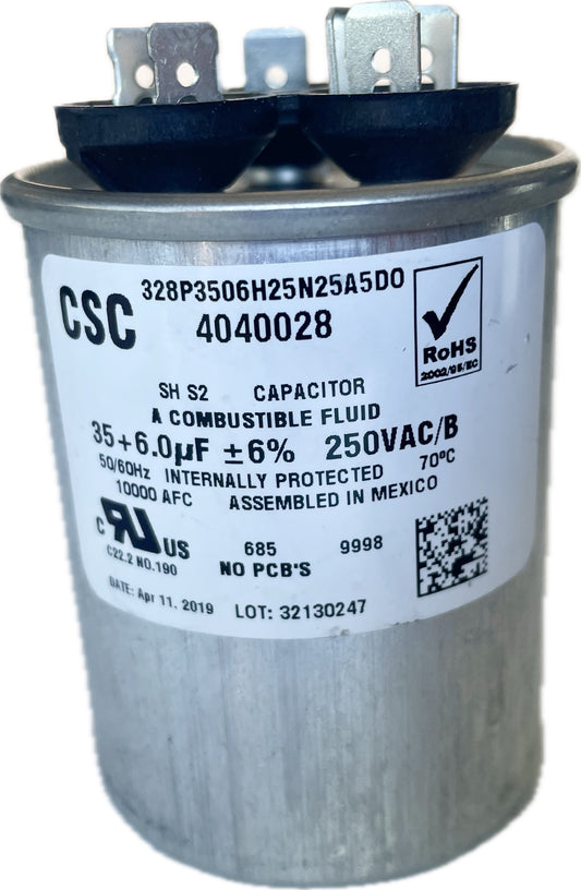 CSC dual run capacitor with label on a white background