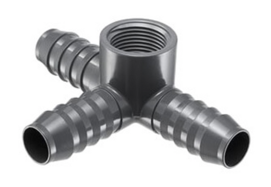 3/4" PVC barbed manifold tee (Insert x FIPT)