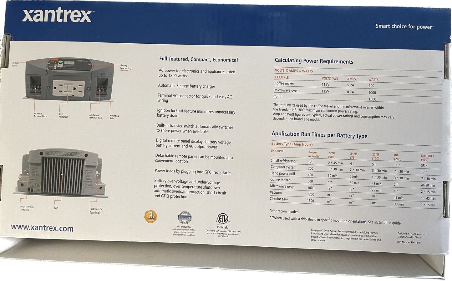 Xantrex Freedom HF 1800 specifications 