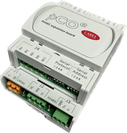 Carel pCOe expansion card for electronic control units, with dip-switches and connectors visible