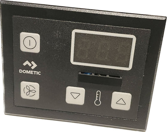 Dometic thermostat display for marine air conditioners with a digital screen and button interface.
